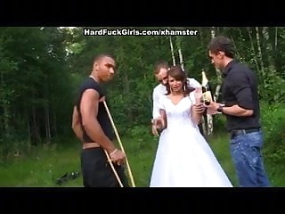 Gangbang the groom and the bride fucked hard in the woods